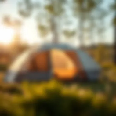 A serene camping site featuring a spacious automatic tent surrounded by nature.
