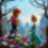 Exploring the bond between Anna and Elsa in a whimsical landscape