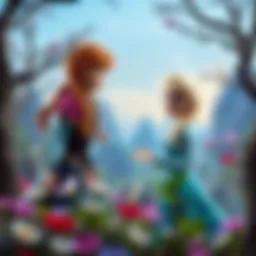 Exploring the bond between Anna and Elsa in a whimsical landscape