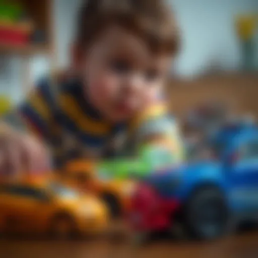 A child playing with colorful toy cars