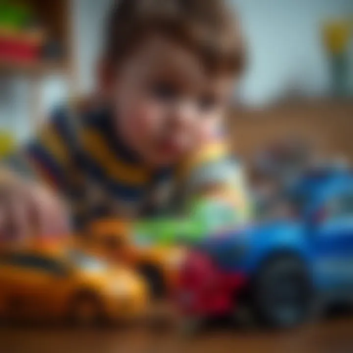 A child playing with colorful toy cars