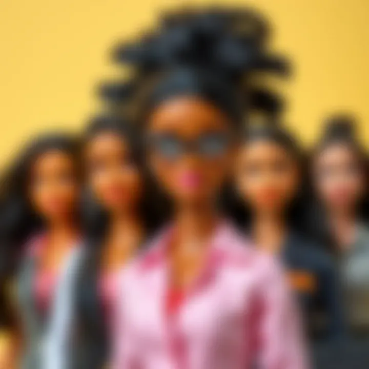 A diverse group of Barbie dolls with black hair representing various professions