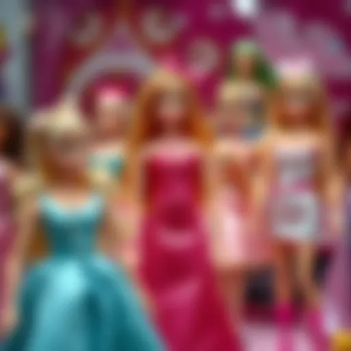 A colorful display of Barbie dolls in various outfits, showcasing creativity and imagination.