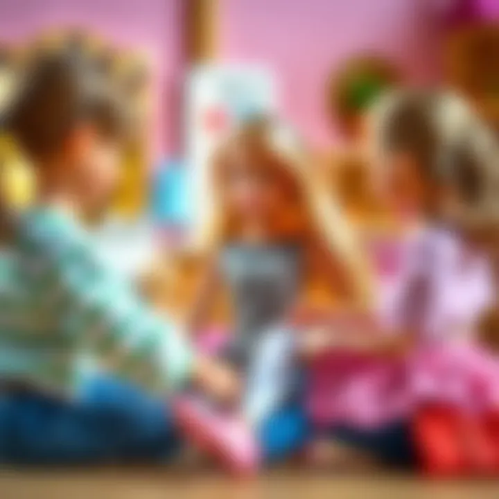 A vivid portrayal of children engaging in imaginative play with Barbie dolls, showcasing creativity and social interaction.
