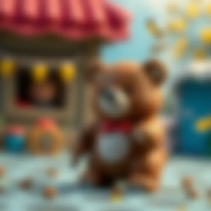 A charming bear character in a vibrant cartoon setting