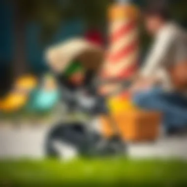 Parents reading reviews and comparisons of different stroller brands online.