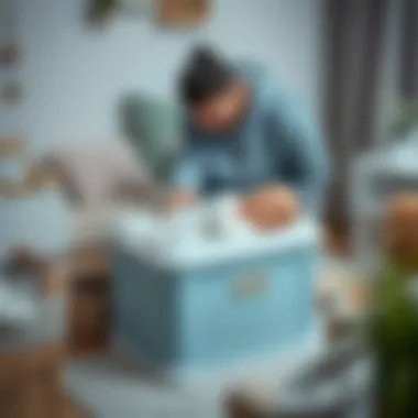 A new parent utilizing a baby box for convenient newborn care