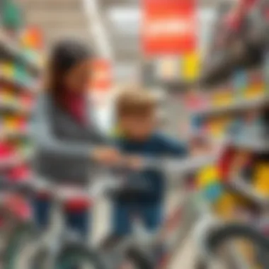 A parent assisting their child while choosing a bike in a store