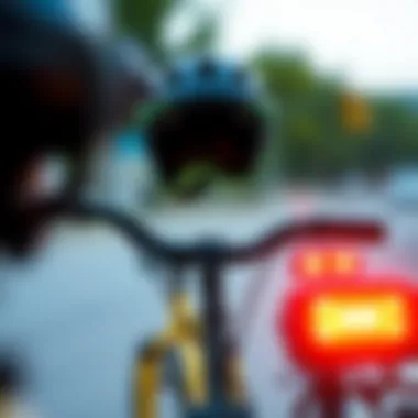 A close-up view of bicycle safety features like helmets and reflective gear