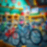 A variety of bicycles for children displayed in a vibrant setting