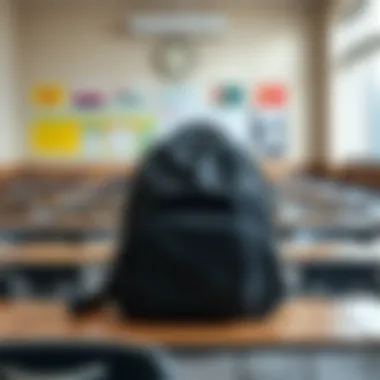 Black school bag in a classroom setting