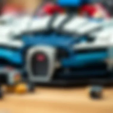 Close-Up of Bugatti Bolide LEGO Assembly A close-up of the assembly of the Bugatti Bolide LEGO pieces highlighting the detailed craftsmanship.