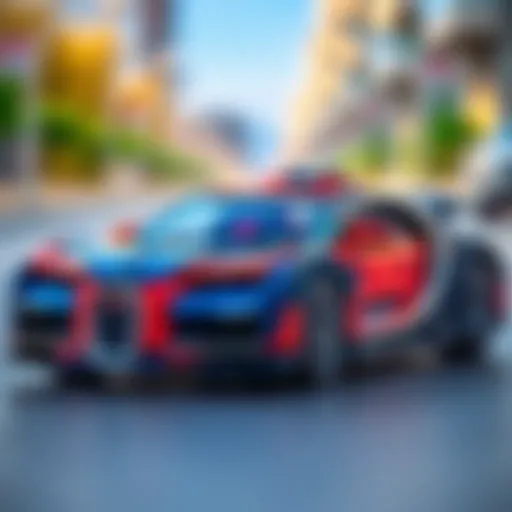 Dynamic view of the Bugatti Bolide LEGO set showcasing its intricate design and vibrant colors.