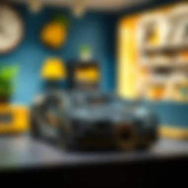 Final Display of Assembled Bugatti Bolide LEGO Model Final assembled Bugatti Bolide LEGO model displayed in a creative environment emphasizing play.