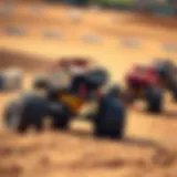 A vibrant scene of monster trucks in action on a dirt track
