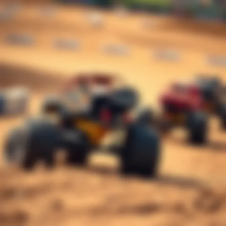 A vibrant scene of monster trucks in action on a dirt track