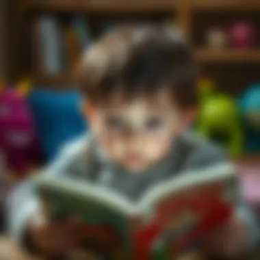 A child engaged in reading a colorful monster storybook with wide eyes
