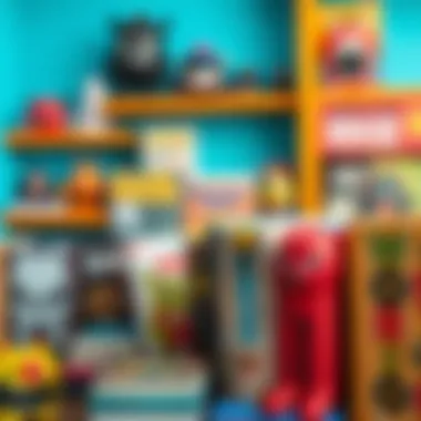 An array of monster-themed books displayed on a vibrant bookshelf