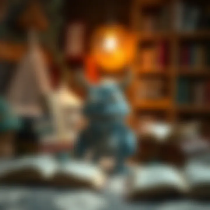 A whimsical illustration of a monster surrounded by enchanted books in a child's room