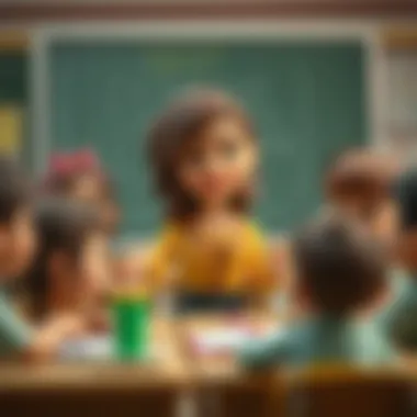 A female character inspiring children in a classroom setting