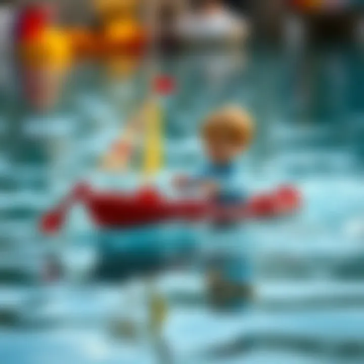 Child engaged in creative play on a toy boat in water