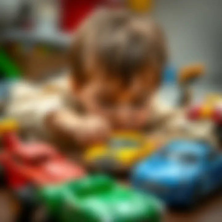 Creativity in Play with Steel Cars A child playing with steel cars, demonstrating creativity.