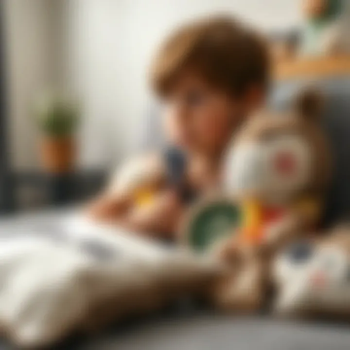 Child engaging imagination with plush figure pillows
