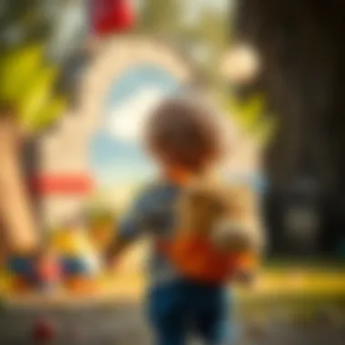 Child interacting with a plush animal backpack