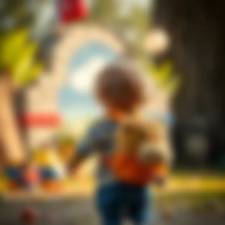 Child interacting with a plush animal backpack