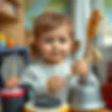 A child engaging with various musical instruments