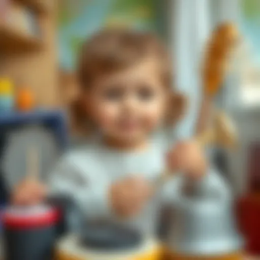 A child engaging with various musical instruments