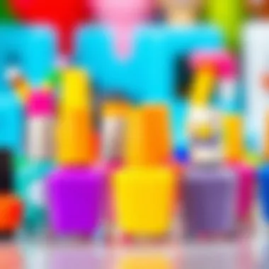 A colorful display of child-friendly nail polishes showcasing a variety of shades and designs.