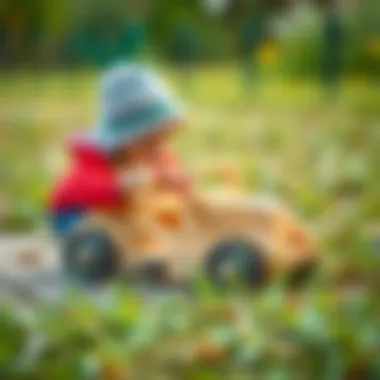 Child playing with a wooden car outdoors