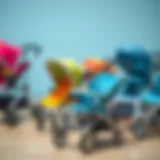 A selection of child strollers in various styles and colors