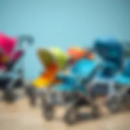 A selection of child strollers in various styles and colors