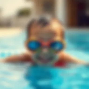 Child Enjoying Swimming with Goggles A child wearing colorful swimming goggles in a pool