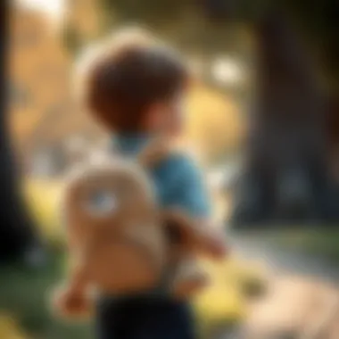 Child wearing a plush animal backpack outdoors