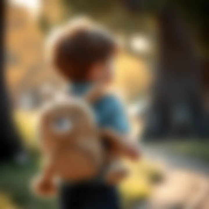 Child wearing a plush animal backpack outdoors