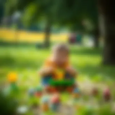 A child joyfully playing with caprices in an outdoor park setting.