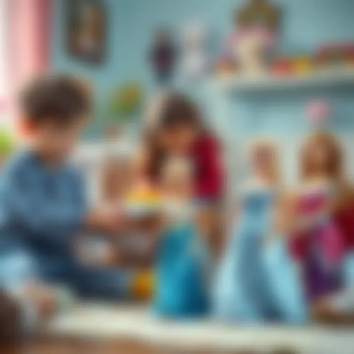 Children engaging in imaginative play with Elsa and Barbie dolls.