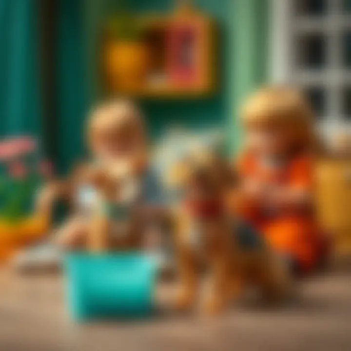 A playful scene of children learning responsibility through pet care