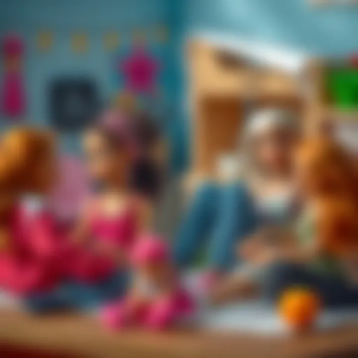 Children playing with Barbie dolls in an imaginative setting
