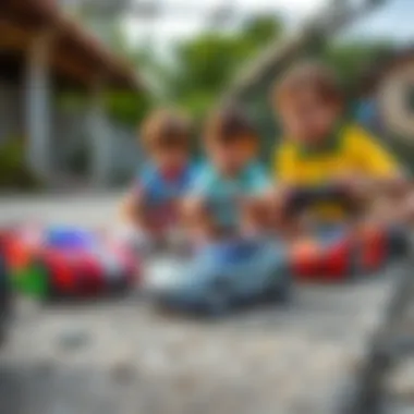An engaging scene of children playing with remote-controlled cars outdoors