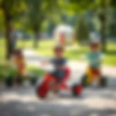 Children engaging in outdoor play with tricycles in a park setting