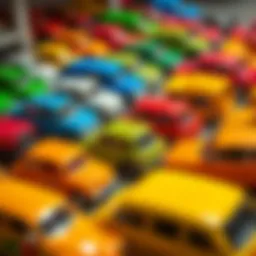 Colorful Majorette cars displayed neatly