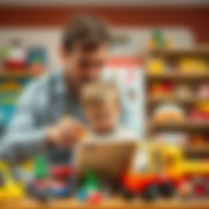 A thoughtful parent examining a selection of trusted toy brands for their child's development.