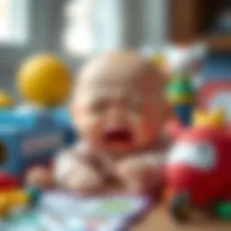 A crying baby toy surrounded by colorful educational materials