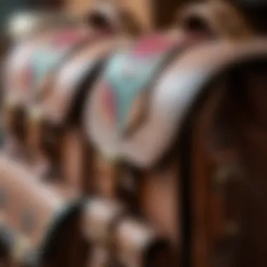 Close-up of intricate details and craftsmanship in old school bags