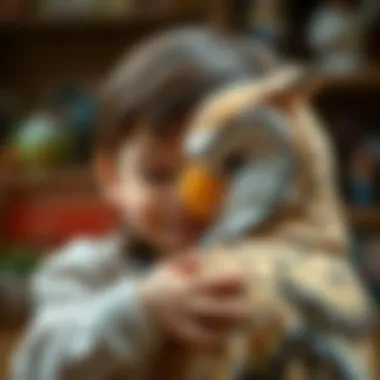 A close-up of a child hugging a large owl toy, showcasing emotional connection