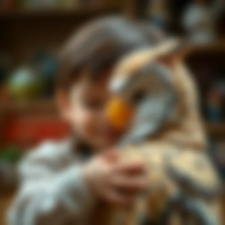 A close-up of a child hugging a large owl toy, showcasing emotional connection